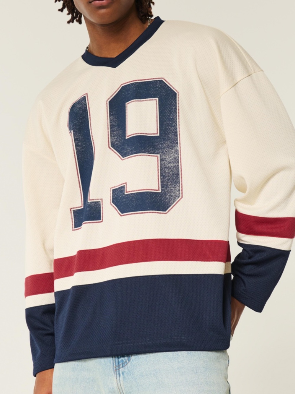 Hollister Cream Navy and Red 19 Hockey-Style Jersey 1